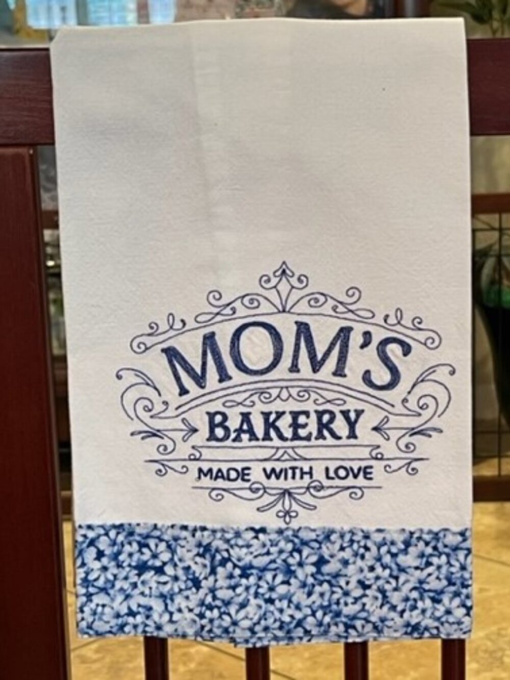 Kitchen Towel Tea Towel Dish Towel Mom's Bakery Blue and White Border with Blue
